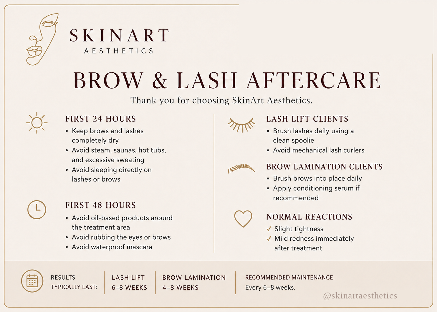 Brow and Lash Aftercare instructions card