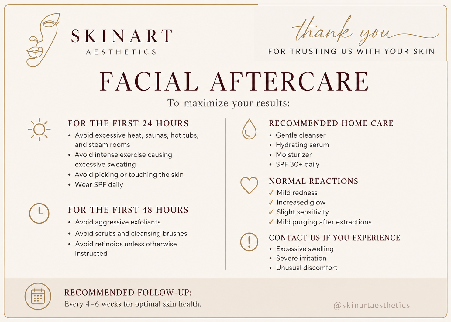 Facial Aftercare instructions card