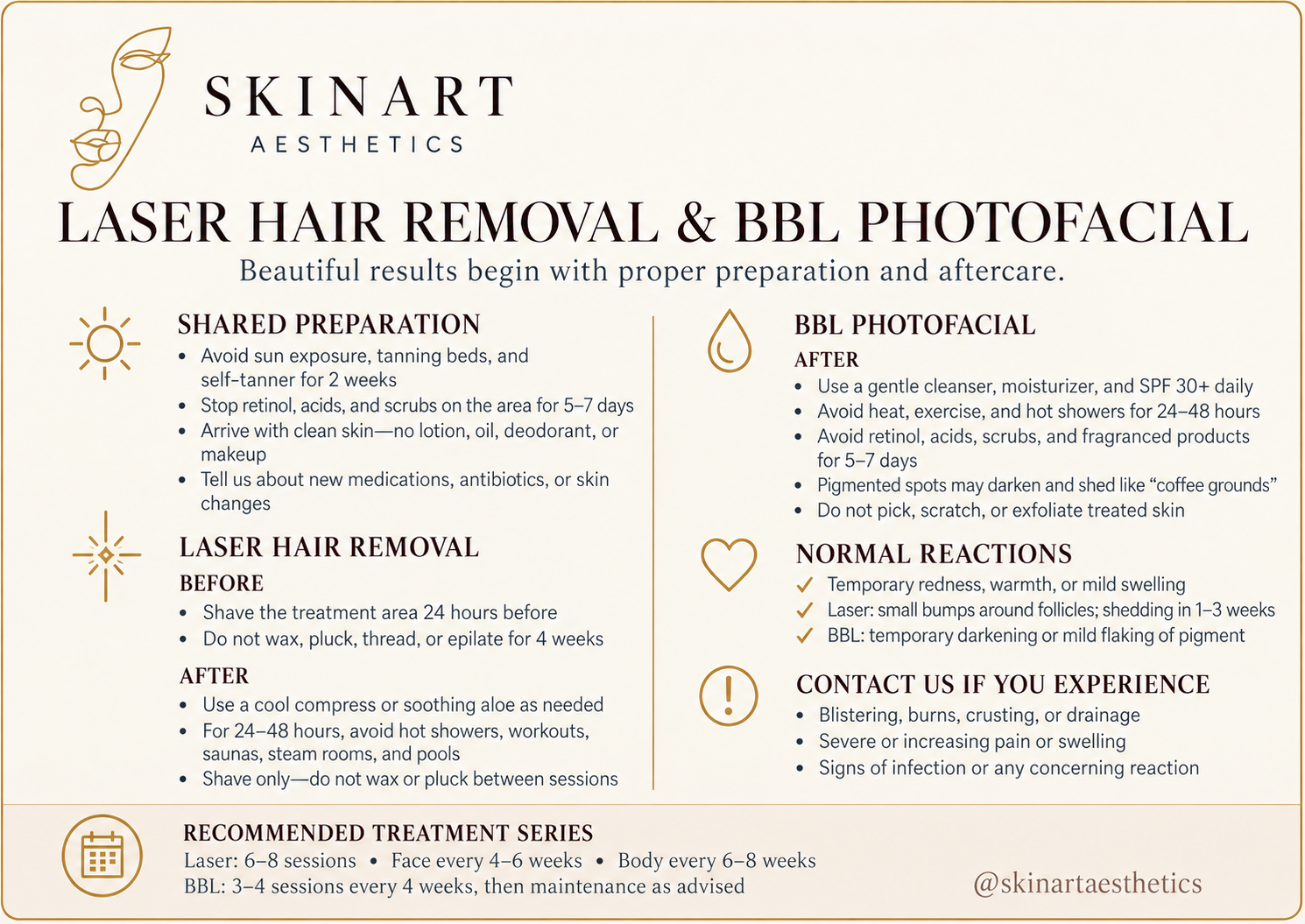 Laser Hair Removal & BBL Photofacial aftercare card